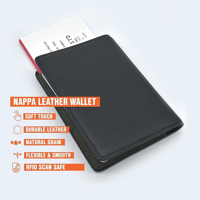Slim Nappa Leather RFID Blocking Passport Cover (Black/Gray) | Genuine Leather Passport Holder for Men and Women