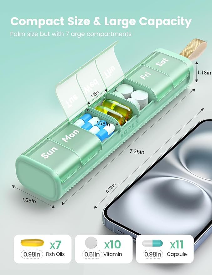 Weekly Medicine Pill Organizer, 7 Day Daily Pill Box Case Travel with Portable Handle, Moisture-Proof Desiccant & Secure Hinges for Vitamins, Medication Supplements