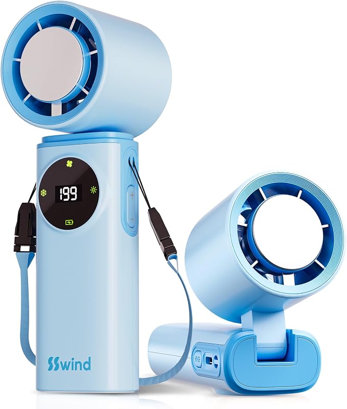 6000mAh Portable Handheld Fan with Ice Cooling, 199 Levels Stepless Speed, 20H Long Battery Life, 20000RPM Turbo Fan Rechargeable Personal Mini Fan for Travel, Outdoor, Makeup (Blue)