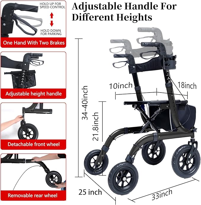 Rollator Walker for Seniors, Lightweight Foldable All Terrain Rolling Walker with seat, Aluminum Walkers with 10 inch Rubber Wheels, Handles and Backrest for Seniors and Adult