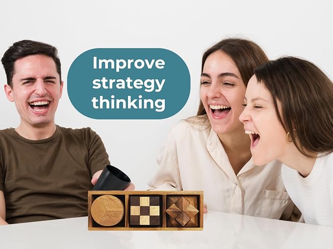 BSIRI 3 Puzzles in a Box - Wooden Brain Teaser Puzzle, 3D Mind Puzzle for Adults, Educational Senior Games, and Brain Games, Ideal for Birthday Gifts and Patio Décor