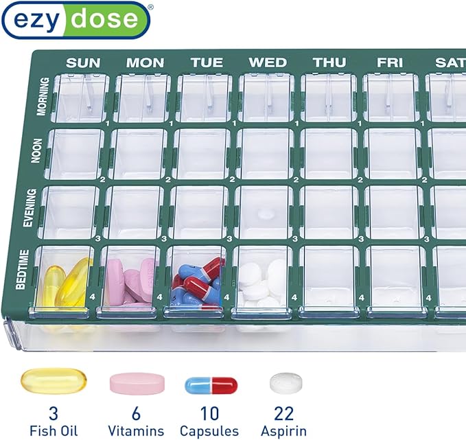 EZY DOSE Pill Organizer Weekly (7-Day), Medicine Planner, Vitamin Case/Box, Medium Compartments with Easy Fill Tray, 4 Times a Day, Easy to Use Containers, Clear Lids, Green, BPA Free