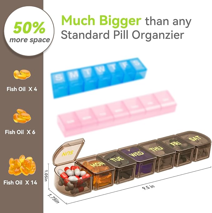 Large Pill Organizer Weekly - SHIJOINYU 7 Day Pill Box with Easy-Open Design, Daily Medicine Pill Organizer for Vitamins, Supplements, Fish Oils and Medications - Brown