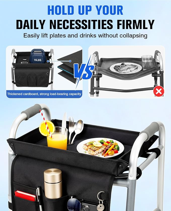 Rhino Valley Walker Tray for Folding Walker,Tray for Walker with Cup Holder | Sturdy & Non-Slip Tray for Walkers,Fits Standard Walkers,Removable&Easy Assembly, Mobility Accessory for Seniors Meals Drinks