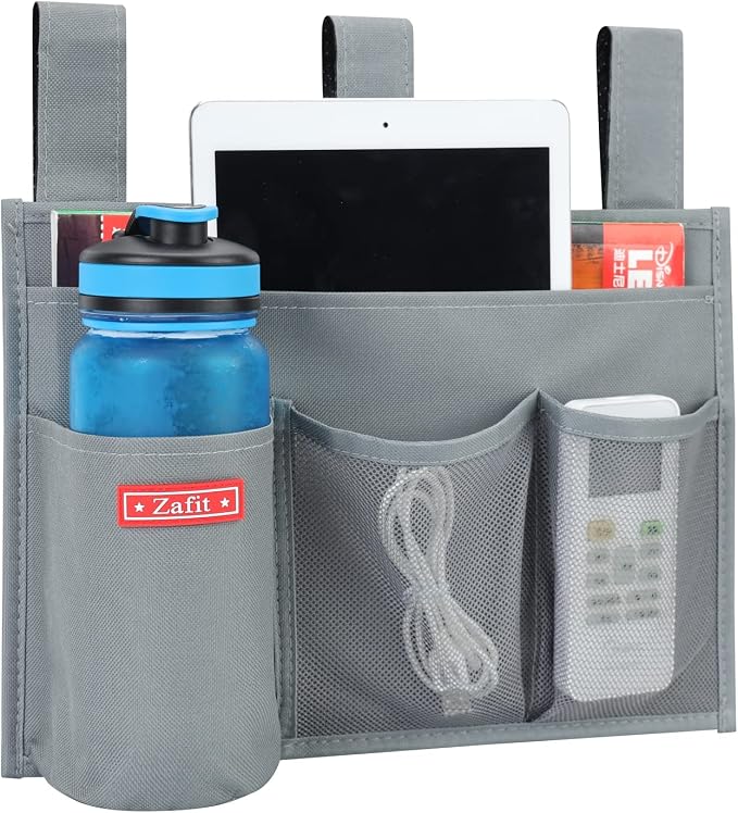 Zafit Hanging Bedside Caddy, Bedside Storage Organizer for Magazine, Phone, Remote control (4 Pockets-Grey)