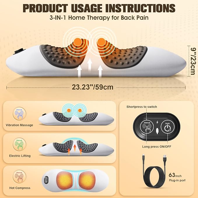 FunBy 3-in-1 Electric Lumbar Support Pillow,Triple Fusion Back Massager with Heat,Vibration&Traction,Back Support Pillow for Bed and Chair,Lumbar Support Pillow for Lower Back Pain Relief-LightGray