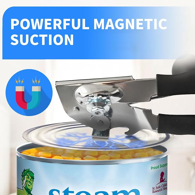 Manual Can Opener for Seniors & Arthritis, Smooth Safe Edge | Effortless long non-slip grips for weak hands. Magnetic lid lifter, fits all standard cans for daily home use.