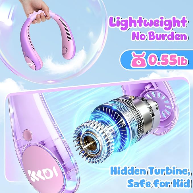 Kids Portable Neck Fan, Bladeless Fan for Kids, Safe Kids Rechargeable Cooling Fan for 4-14Y Girls, 2600mAh Personal Fans for Your Neck, 4 Speeds & Lightweight, Summer Essentials Gifts for Kids
