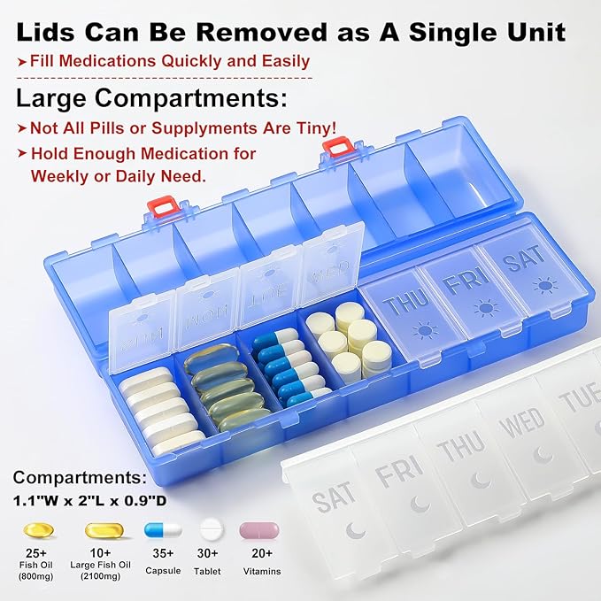 Foldable Pill Organizer 2 Times a Day w/Etched Labels -Dual Protection & Portable Weekly AM PM Pill Box, 7 Day Medicine Container, Large Travel Pill Case for Week Daily Supplement Vitamin -Clear Blue
