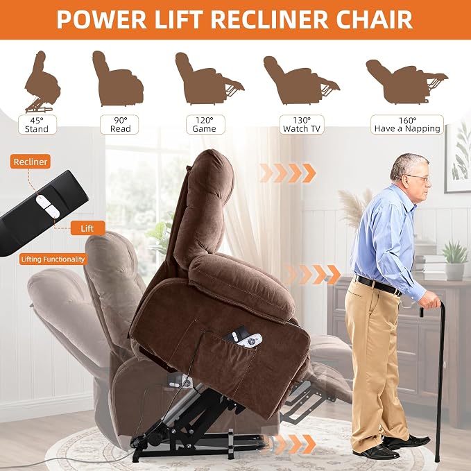 Power Lift Recliner Chair for Elderly with Vibration Massage and Lumbar Heating Electric Recliner Sofa with Cup Holders and USB Charge Port for Living Room Comfort,Deep Brown