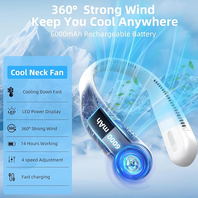 Portable Neck Fan, Personal Wearable Bladeless Fan, 6000mAh USB Rechargeable, 360° Airflow, LED Display, 4-Speeds, Hands Free Fan for Outdoor Indoor, Birthday Gifts for Men Women Dad Mom (White)