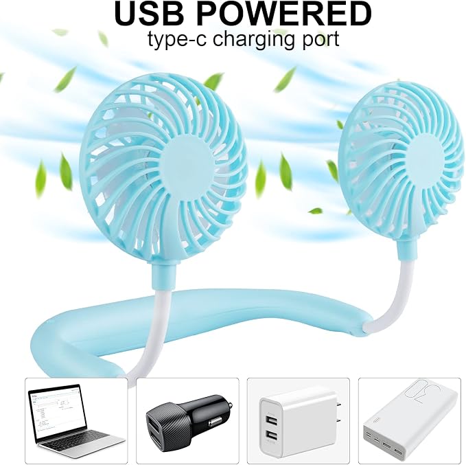 Haomaomao Portable Neck Fan 2500 mAh Rechargeable USB Hands-Free Mini Face Cooling Personal Double Headed Rotatable Small Fan for Working Office Reading Traveling Outdoor Sport