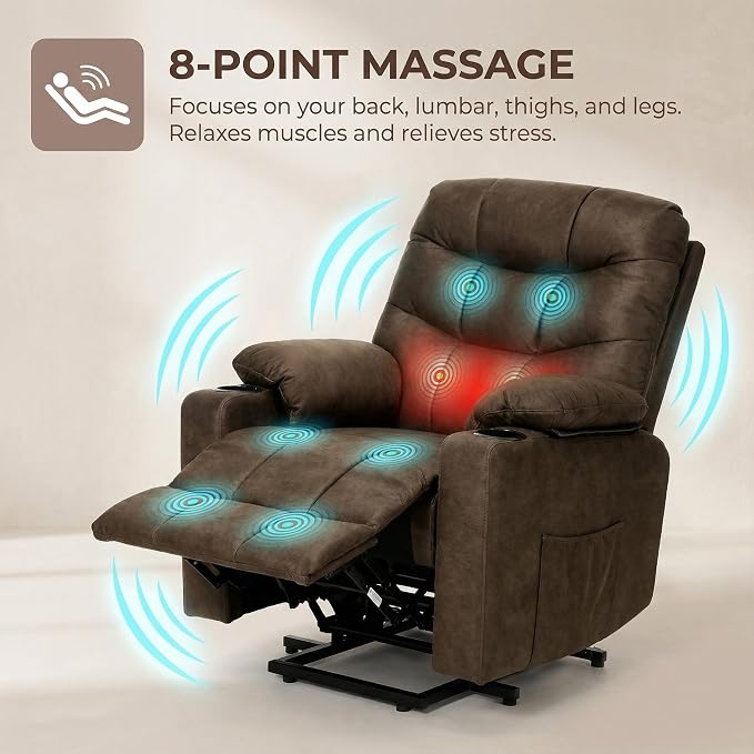 Electric Power Lift Recliner Chair for Elderly, Lift Recliner Chair with Massage and Lumbar Heat, 150° Reclining Chair with Cup Holders, Side Pockets and Remote Control, Ideal for Living Room (Brown)