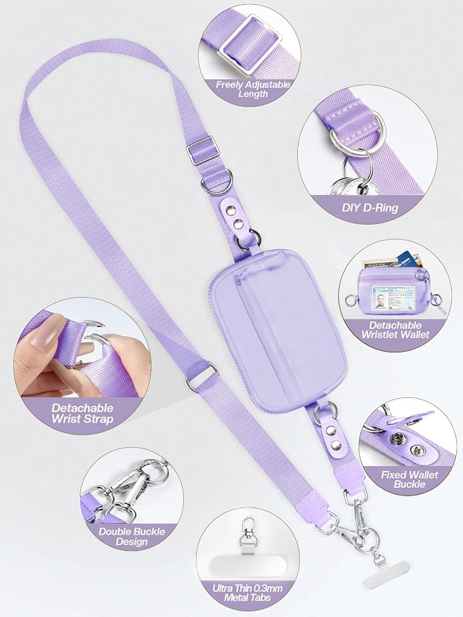 Tiostep Clip and Go Strap for Phone with Wallet Crossbody Phone Lanyard Adjustable and Detachable RFID Wristlet Wallet (Purple, Medium)