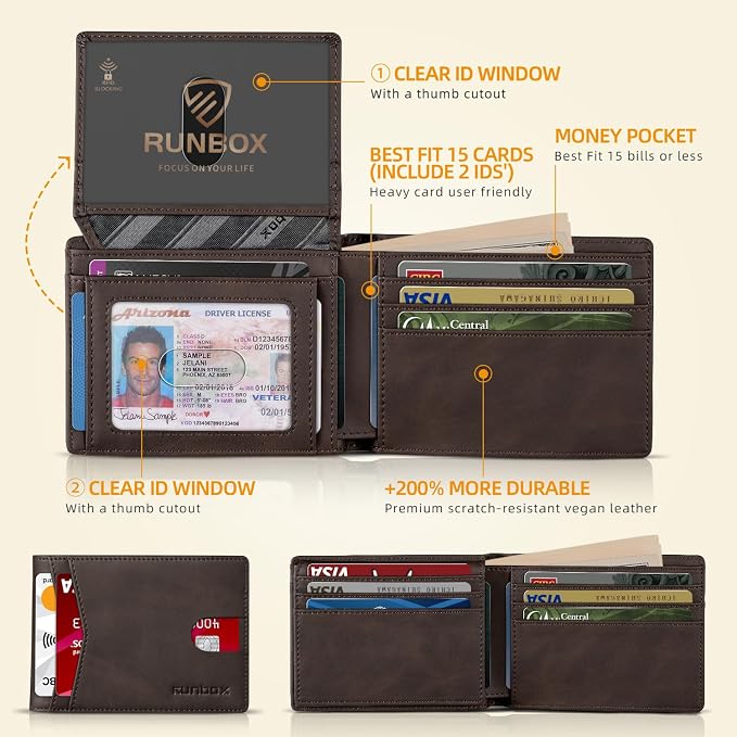 RUNBOX Wallet for Men -Slim Rfid Leather Mens Bifold Novelty Wallets 2 ID Window With Gift Box Men's Accessories | Minimalist Front Pocket Design, Holds 15 Cards, Large Capacity with Cash Pocket,Compact and Thin, Birthday Gifts for Men