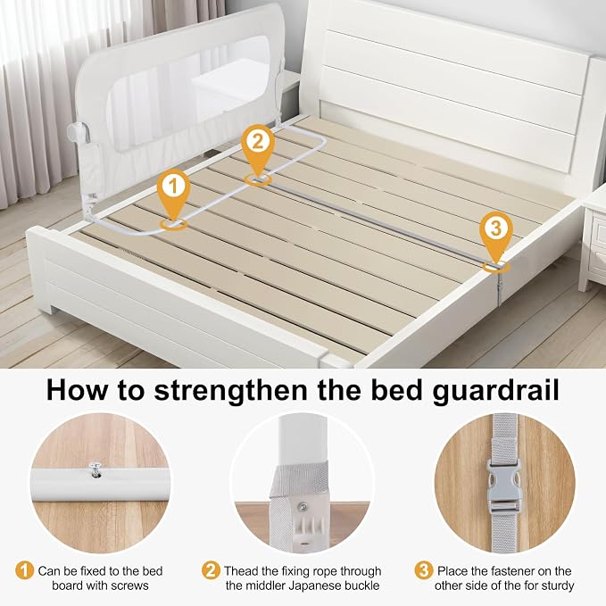 Bed Rail for Toddlers,Swing Down Kids Bed Rails Guard for Twin,Full,Queen,Bunk Size Bed,Extra Tall Child Bed Rail Guard with Reinforced Anchor Safety System,47" L x 31" H White