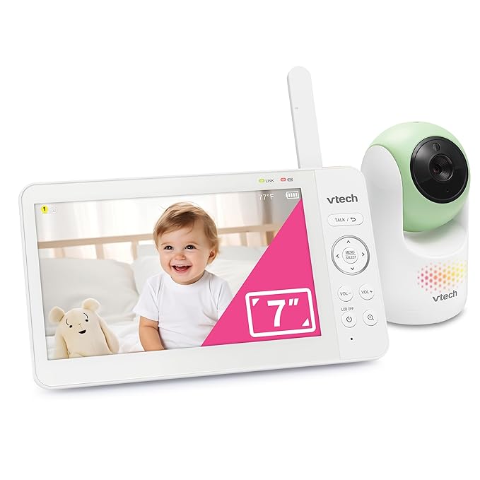 VTech Video Baby Monitor with 7" Color LCD Screen, Rechargeable Battery, Video Streaming, Audio Streaming, Pan-Tilt-Zoom, Touch Multi-Color Night Light, Two-Way Talk, Long Range: Advanced Max Green