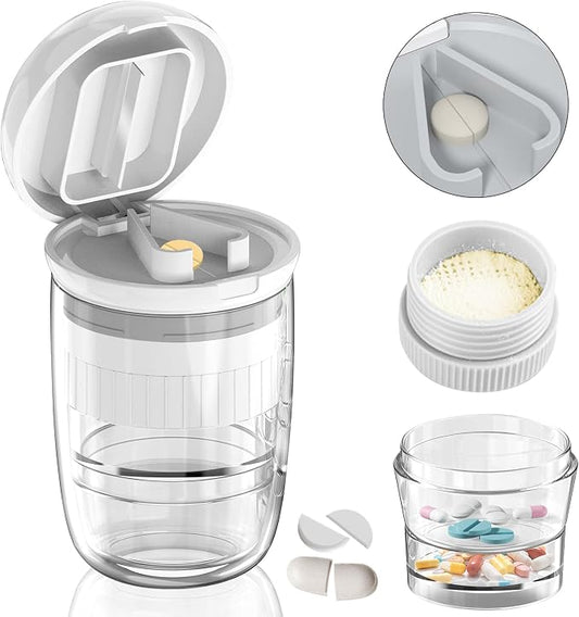 White-1 Pill Splitter and Cutter, Crushes Tablets, Vitamins, Stainless Steel Blade, Removable Drinking Cup
