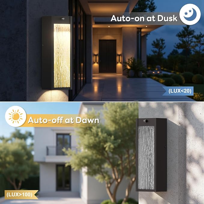 LED Outdoor Wall Light Fixtures Dusk to Dawn 2-Pack Porch Light | 15in Large Modern Sconce, Water Ripple, Waterproof, Exterior Lighting Wall Mounted, Outside Lantern for Garage Front Door