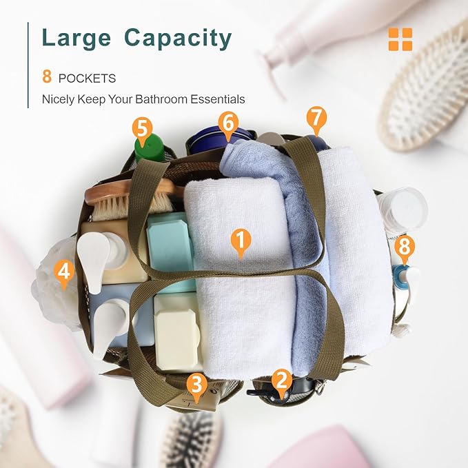Mesh Shower Caddy Portable - 8 Pockets, S-Hook, Shower Bag for Dorm Camping | 2-Handle, Quick-Dry, Toiletry Organizer, College Dorm Room Essentials for Girls, Gym, Travel & Bathroom, Brown Camouflage