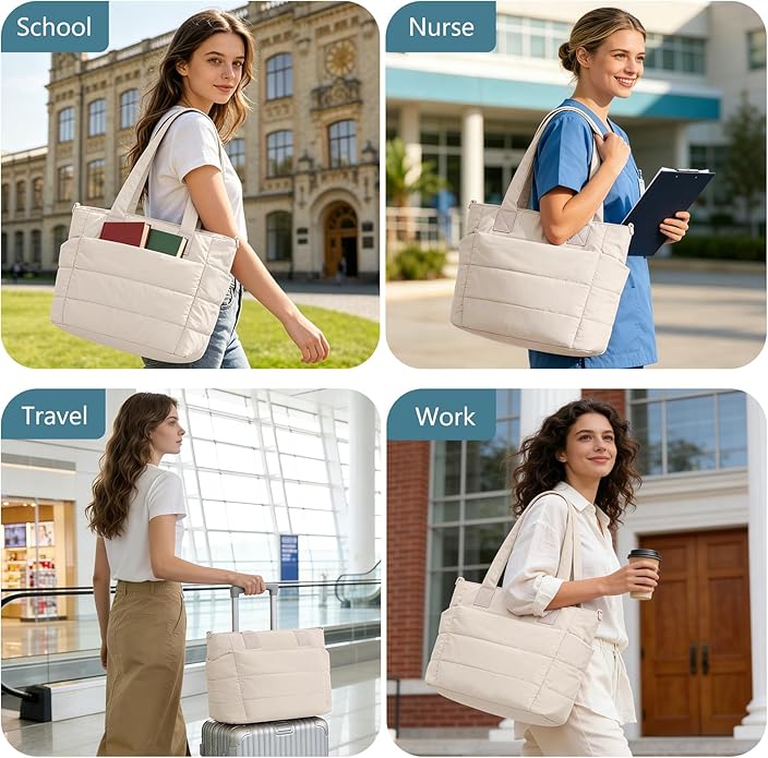 Puffer Tote Bag for Women Quilted Nurse Bag Lightweight Work Bag for Teacher Travel Handbag with Multiple Pockets