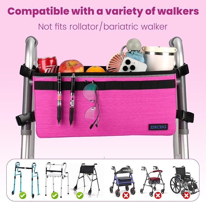 ZHCHG Walker Basket for Seniors, Walker Accessories Bag for Folding Walker | Large Capacity & Never Tipping Over, Best Gift- (Not Fit Rollator Walkers) -Pink