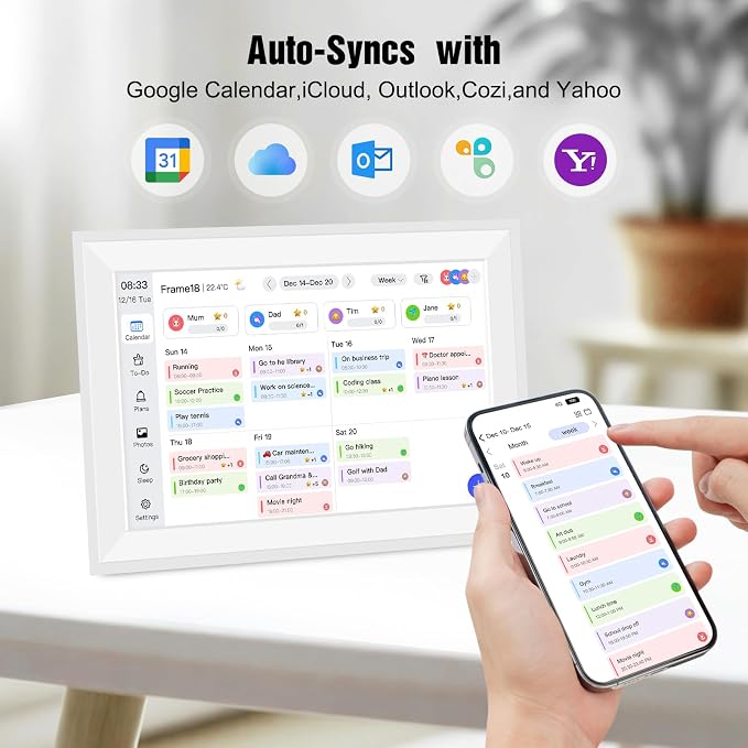 10.1" Smart Digital Wall Calendar Interactive Display for Family Schedules Wall Planner with Chore Charts Meal Planning Task Rewards 32GB Storage 1280x800P IPS Touchscreen Digital Picture Frame White