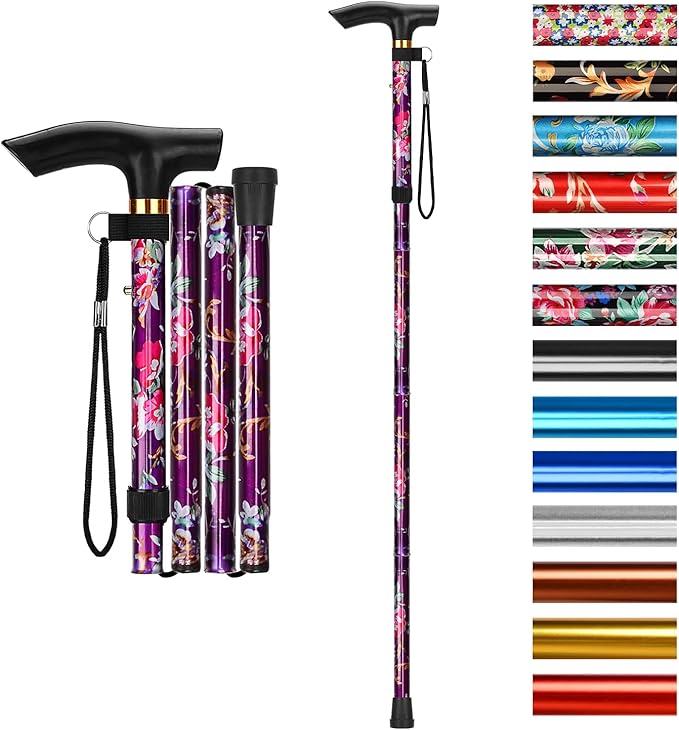 supregear Folding Cane, 5-Level Adjustable Height Walking Stick Lightweight Collapsible Portable Travel Cane with Wrist Strap and T Handle for Elderly Disabled Men Women