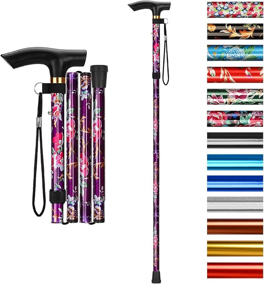 supregear Folding Cane, 5-Level Adjustable Height Walking Stick Lightweight Collapsible Portable Travel Cane with Wrist Strap and T Handle for Elderly Disabled Men Women