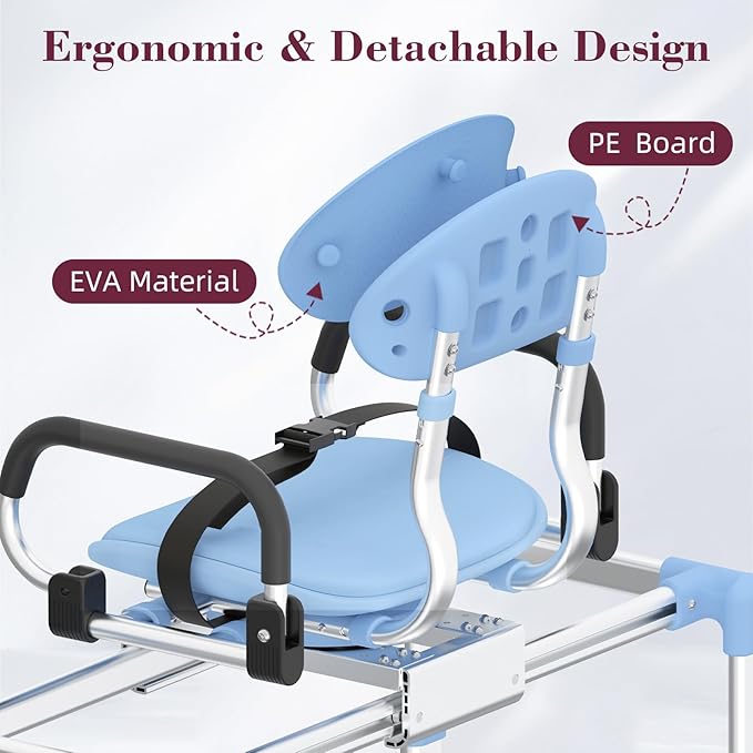 Sliding Shower Chair with 360°Swivel Seat, Adjustable Height & Backrest Shower Chair Tub Transfer Bench with Safety Belt, Pivoting Armrests Swivel Shower Chair for Elderly, 330 Lb Capacity Blue