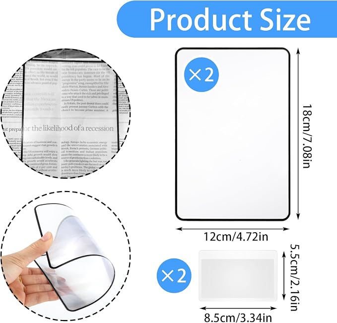 Dimeho 4 Pcs Page Magnifying Sheet 3X 5X Clear Lightweight Magnifier Flat Plastic Optical Fresnel Lens Handy Card Size Magnifier Bookmark for Seniors Reading Small Prints People with Low Vision