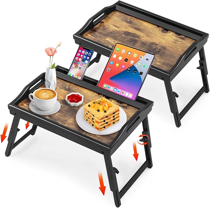2 Pack Bed Tray Table with Adjustable Legs Breakfast Trays Serving Tray Bamboo Bed Laptap Floding Legs with Handles and Phone Holders
