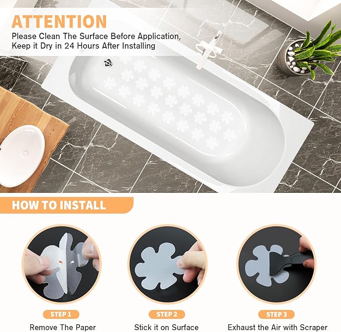 Non Slip Bathtub Stickers, 24 PCS Shower Stickers for Safety Bathroom Tubs, Bathtub Non Slip Stickers and Adhesive Decals Scraper for Bath Tub, Shower Floor, Stairs, Ladders(Flower Shape, Clear)