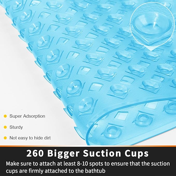 Yimobra Bathtub Mat Non Slip, Super Strong Suction Cups, 27.5"x15.5" Long Shower Mat with Drain Holes, Machine Washable Fast Draining Bath Mats, Bathroom Essentials,Clear Blue