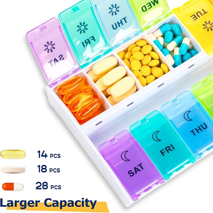 Mossime XL Large Pill Organizer 2 Times a Day, Weekly Am Pm Pill Box with Hinged Lids, 7 Day Medicine Vitamin Pill Case, Daily Pill Container, Big Medication Organizer for Supplement