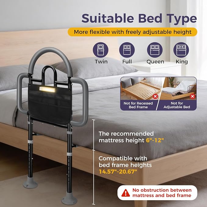 Bed Rails for Elderly Adults, 400lbs Load with Motion Sensor Light | ASTM Approved, 3-Sided Handle & Large Non-Slip Feet, Safety for Seniors, Adjustable Height Fits 14.57"-20.67" Bed Frame