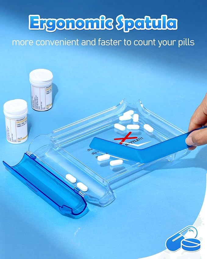 Plifal Pill Counter Tray with Spatula - Pill Counting Tray X Mark Print Pharmacy Counting Tray Medicine Sorting Tray with Funny Reminder Labels, Equipped with L-Shaped Spatula