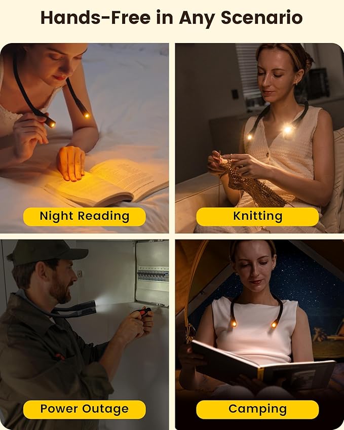 Glocusent Lightweight Neck Light for Reading in Bed, 1200mAh Rechargeable Book Light, Hands-Free Reading Light, 5 Colors, 5 Brightness Adjustable, Private Bedtime Reading for Book Lover