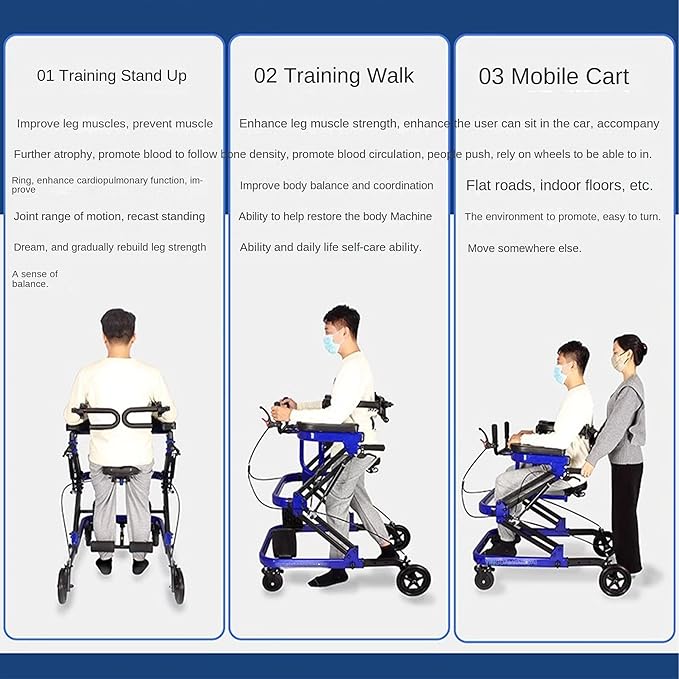 Adjustable Medical Walker with Stand-Up Support, Walking Frame, Adult Walker, Lower Limb Training, Home Rehabilitation Equipment, Multi-Function Mobility Aid with 4 Wheels (Blue)