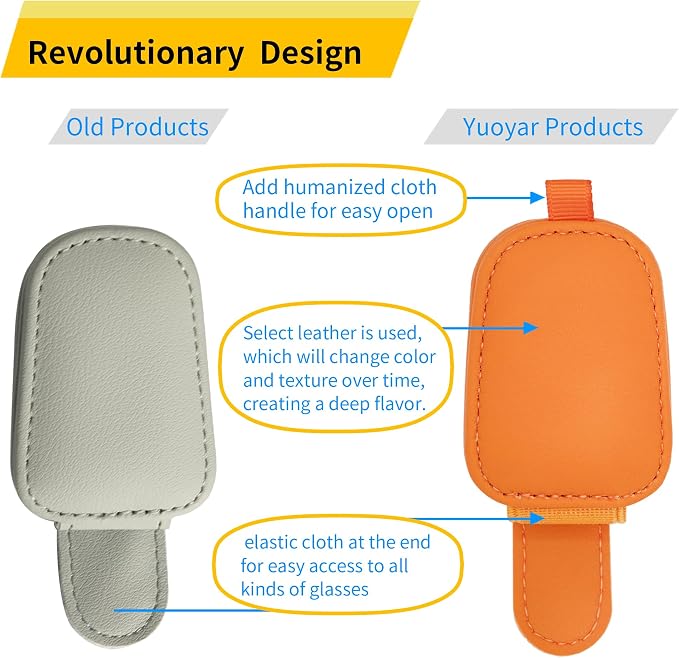 Yuoyar Magnetic Leather Sunglasses Holder for Car, 2 Packs (Orange) | Magnetic Car Visor Accessories