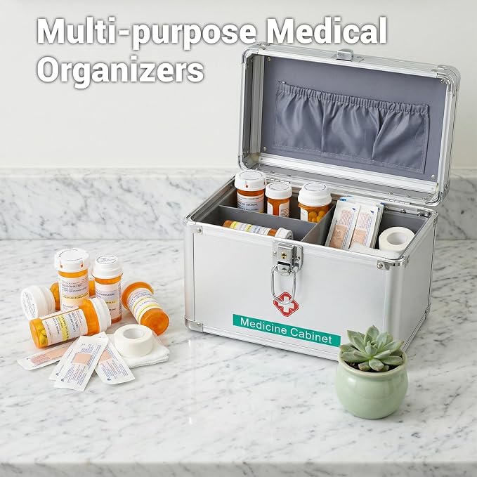 Medicine Lock Box with Keys, 10" x 6.7" x 5.7" First Aid Box, Handle Portable Medication Storage Lock Case, Small Medical Box Organizer Safe Layered Aluminum Daily Medicine Lockable Cabinet