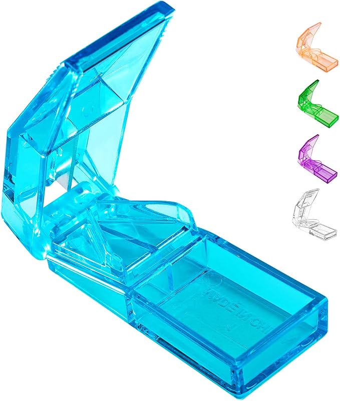 Ultrassist Pill Cutter and Splitter for Cutting Small or Large Pills, Accurate Medicine Splitter with Stainless Steel Blade, Transparent Vitamins Slicer Assorted Colors