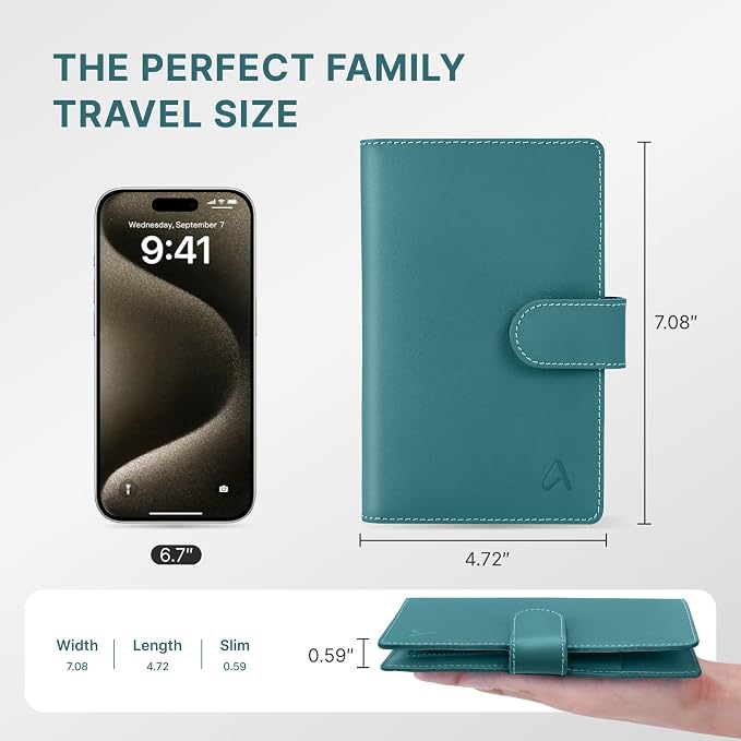 ALLIVE Family Passport Holder for Women & Men, RFID Blocking Passport Wallet with AirTag Slot, Genuine Leather Passport Cover Family Travel Gift & Airport Essentials (Lake Blue)