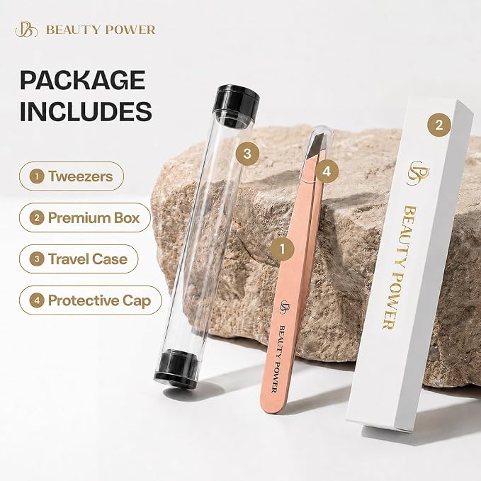 Beauty Power Slant Tip Precision Tweezers - Stainless Steel Eyebrow Tweezers for Women & Men - Precision Tweezers for Facial Hair, Ingrown Hair & Brow Shaping - Professional Beauty Tool (Rose Gold)