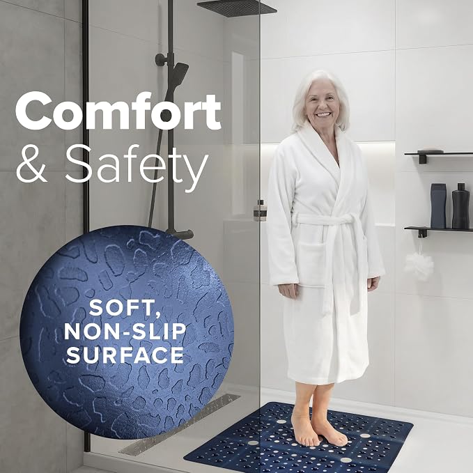 SlipX Solutions 27" Oversize Square Shower Mat, Non-Slip Mat for Elderly & Kids, 100+ Power Grip Suction Cups for Smooth Surfaces, Machine Washable, Navy