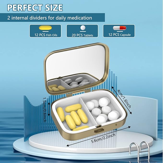 Pill Organizer Pill Box with Mirror Retro Small Pill Case for Purse or Pocket Bronze Pill Box or Vitamins, Fish Oil, Supplements, Pill Containe Travel Gifts（2PCS-Retro Pink Floral）