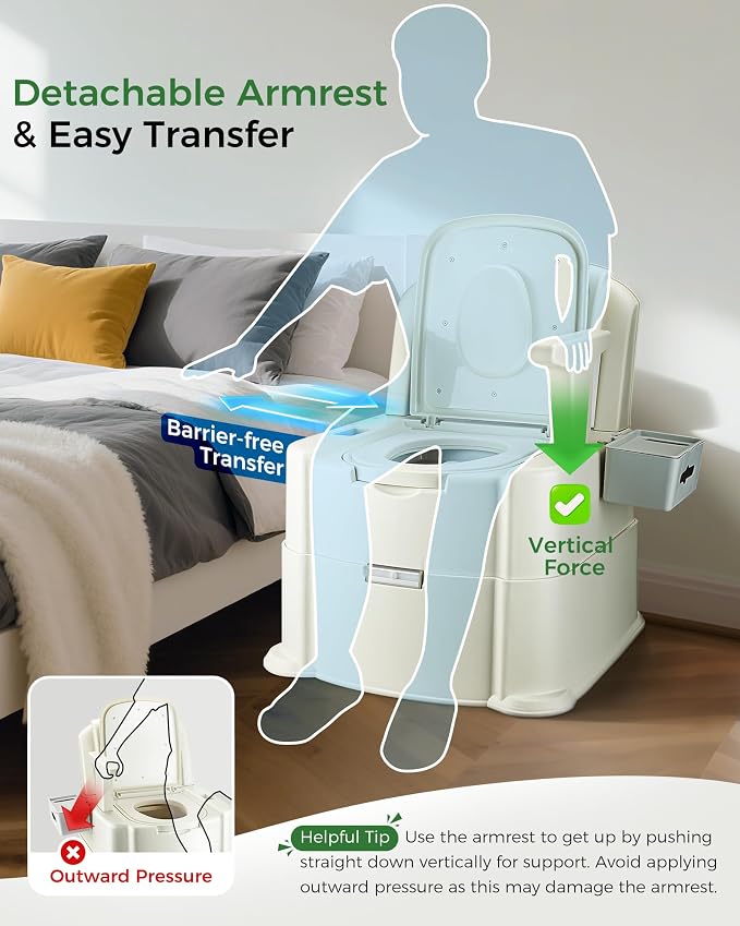 Bedside Commode, 500lbs Heavy Duty & Upgraded Commode Toilet Potty Chair, Portable Camping Toilet, Detachable Armrests, Automatic LED Light, 2-Level Height, 3 Rolls of Commode Liners 【Green】
