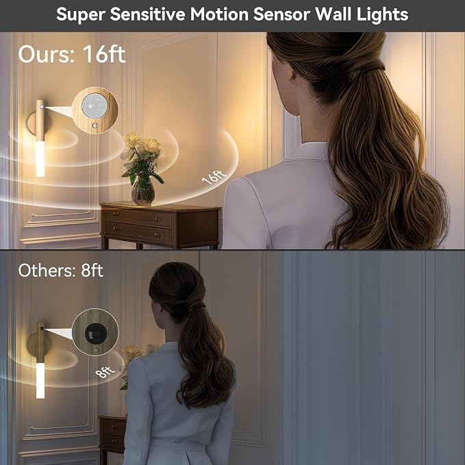 Motion Sensor Wall Light Beech 3PCS, Battery Operated wall sconces
