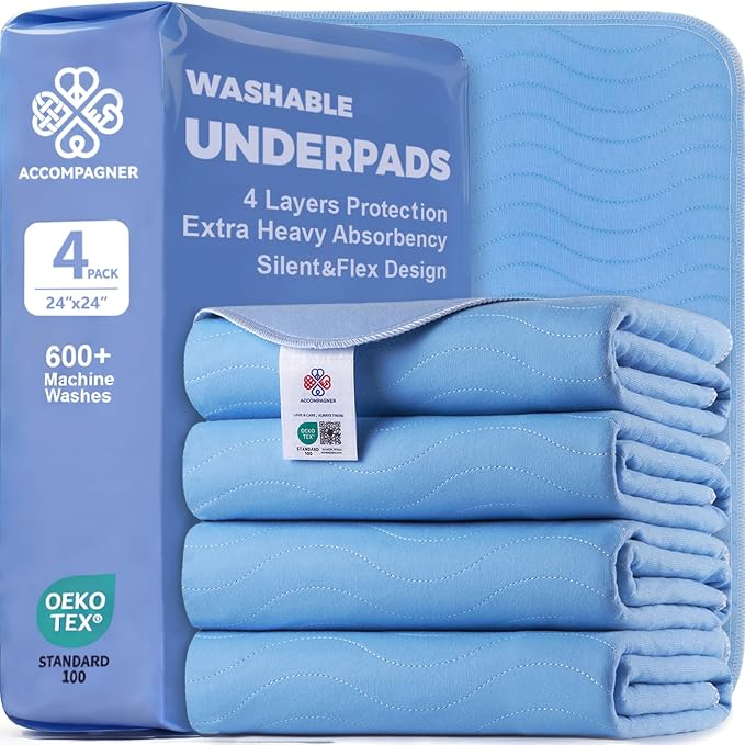 Accompagner Incontinence Bed Pads Washable Waterproof, Ultra-Absorbent Reusable Underpads for Diaper Changing, Nursing, Bedridden, Adults, Seniors, Kids and Dogs (Blue, 24"x24"(Pack of 4))