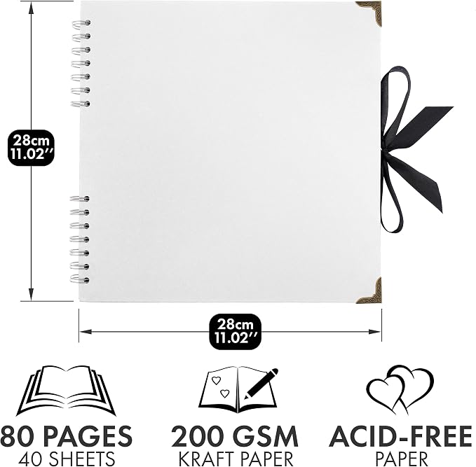 Bstorify Square Scrapbook Photo Albums 80 Pages (28 x 28 cm) White Thick Paper, Hardcover, Metal Corners, Ribbon Closure - Ideal for Your Scrapbooking Albums, Art & Craft Projects 11 X 11 Inch